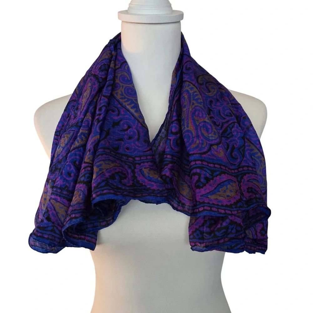 Boho 100% Silk Scarf Paisley Square Purple Lightweight India Bohemian Chic